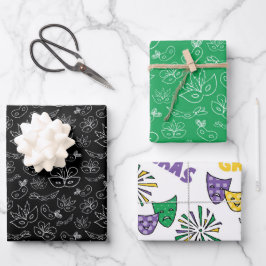GRÜNE LILA GELBE MARDI GRAS THEMEN GESCHENKPAPIER SET