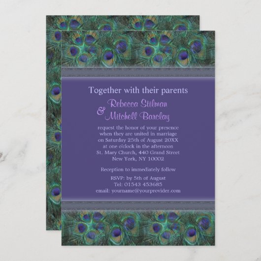 Grüne lila Pfauenfedern Hochzeitsfeier Einladung (Vorne/Hinten)