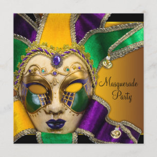 Grüne, lila und goldene Maskenparty Einladung
