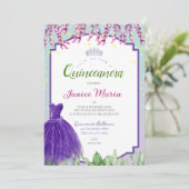 Grüne Lila und rosa Quinceañera Einladung (Stehend Vorderseite)