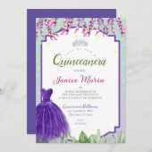 Grüne Lila und rosa Quinceañera Einladung (Vorne/Hinten)