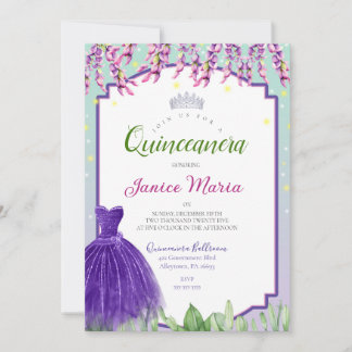 Grüne Lila und rosa Quinceañera Einladung