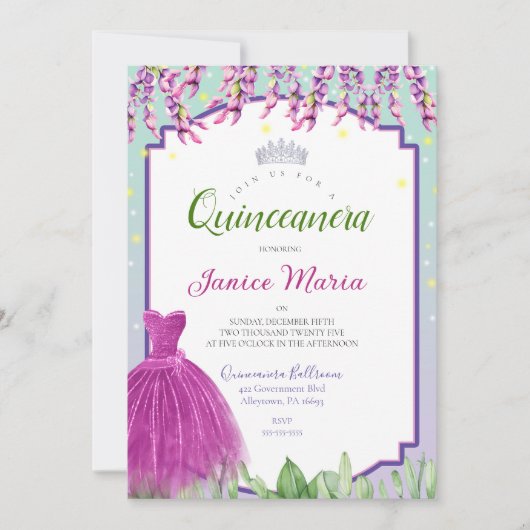 Grüne Lila und rosa Quinceañera Einladung (Vorderseite)