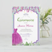 Grüne Lila und rosa Quinceañera Einladung (Stehend Vorderseite)