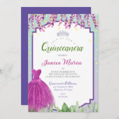 Grüne Lila und rosa Quinceañera Einladung (Vorne/Hinten)