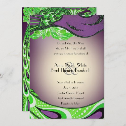 Grüne Lila Vintage Pfauenhochzeit Einladung (Vorne/Hinten)