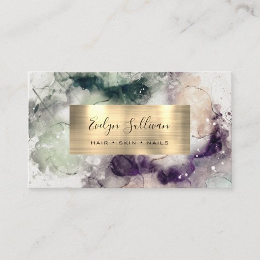 Grüne Lila Wasserfarbe und Goldfolie Visitenkarte (Vorderseite)