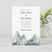 Grüne Lila Wasserfarbengebirge - Hochzeit einladen Einladung (Stehend Vorderseite)