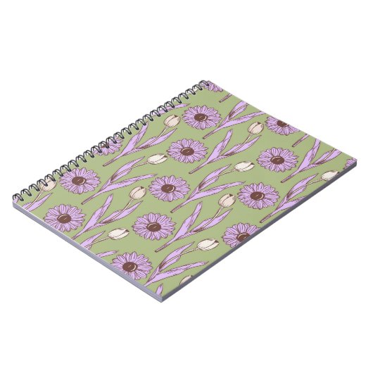 Grüne Lila Wildblume Boho Modernes Blumendesign Notizblock (Linke Seite)