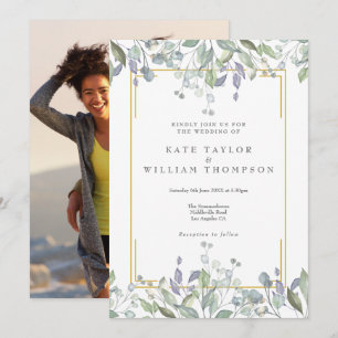 Grüne Lilien-Wasserfarben-Blumen-Hochzeitsfoto Einladung