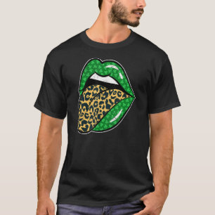 Grüne Lippen Leopard Print Tongue Out St Patricks T-Shirt