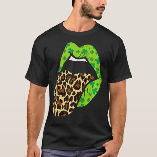 Grüne Lippen Leopard Print Tongue Out St Patricks T-Shirt (Vorderseite)