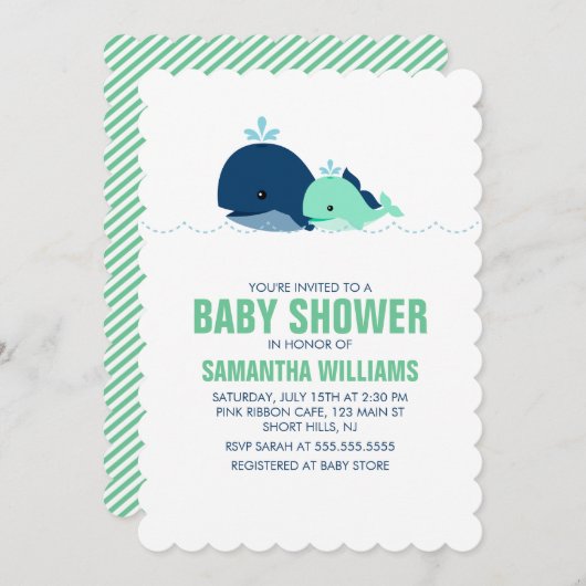 Grüne Mama und Baby Whale Baby Dusche Einladung (Vorne/Hinten)