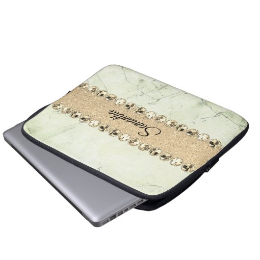 Grüne Marmor Diamond Bling Laptopschutzhülle (Vorne Knopf)