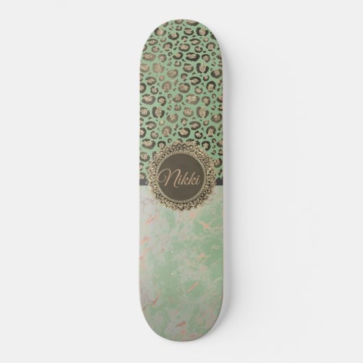 Grüne Marmor Glittery Gold Leopard Custom Skateboard (Vorderseite)