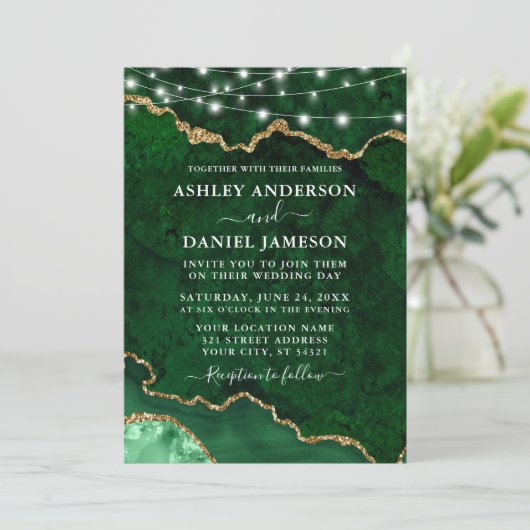 Grüne Marmorlampe Agate Geode Lights Hochzeit Einladung (Stehend Vorderseite)