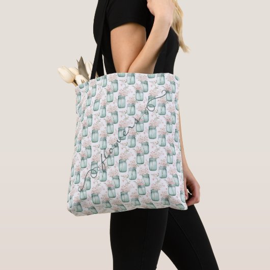 Grüne Mason-Gläser Rosa Blumen Tragetasche Tasche (Von Nahem)