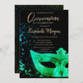 Grüne Masque, Confetti Quinceañera Einladung (Vorne/Hinten)