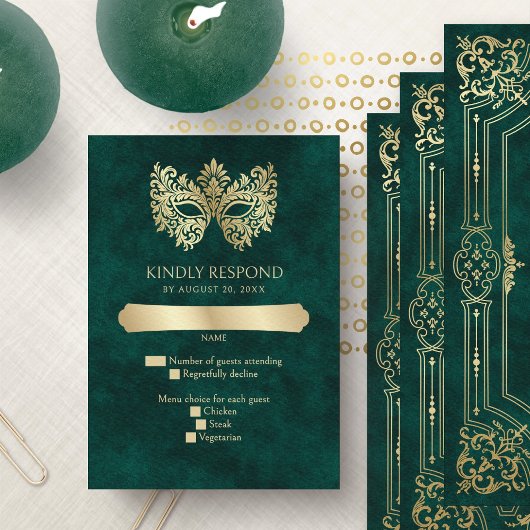 Grüne Masquerade Maske Elegante Quinceanera RSVP Karte