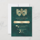 Grüne Masquerade Maske Elegante Quinceanera RSVP Karte (Vorderseite)