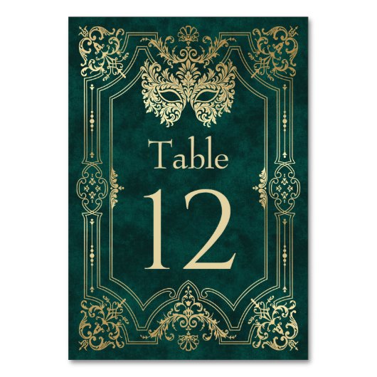 Grüne Masquerade Maske Elegante Quinceanera Tischnummer (Vorderseite)