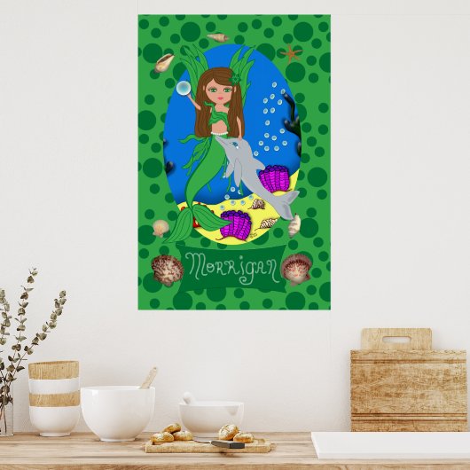 Grüne Meerjungfrau mit Flügeln und Dolphin Print Poster (Küche)