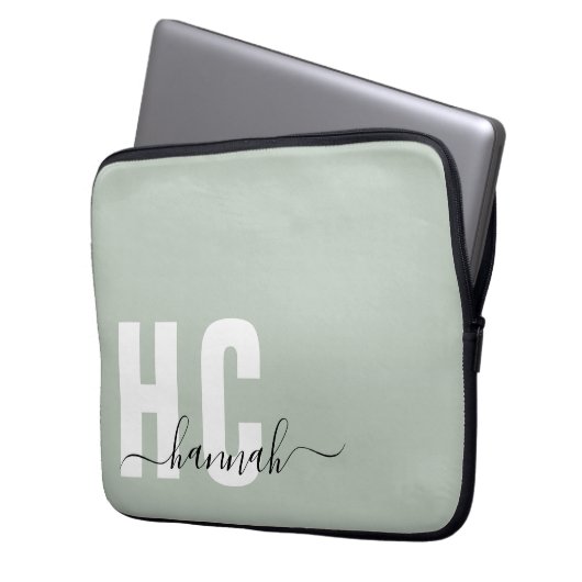 Grüne minimale Sage Modern Initial Monogram Laptopschutzhülle (Vorderseite Links)