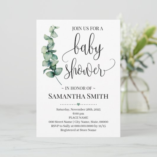 Grüne minimalistische Babydusche Eukalyptus Einladung (Stehend Vorderseite)