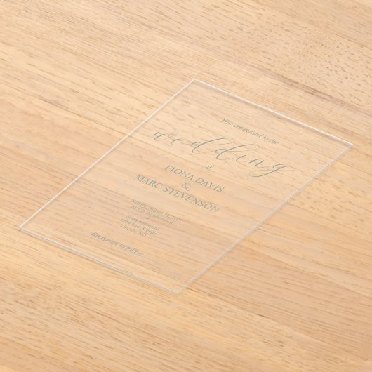 Grüne minimalistische Hochzeit in Kalligrafie Acryleinladungen (Ablage )