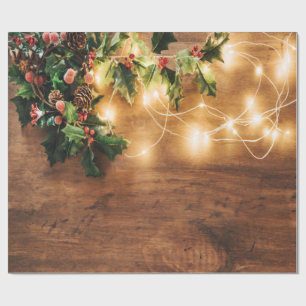 Grüne Mistel, Lichterkette, Holz Weihnachten Geschenkpapier