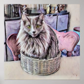 Grüne Mit Augen graue Katze in Korbplakat Poster (Vorne)