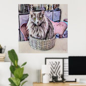 Grüne Mit Augen graue Katze in Korbplakat Poster (Heimbüro)