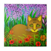 Grüne Mit Augen Katze im Blumengarten Fliese (Vorderseite)