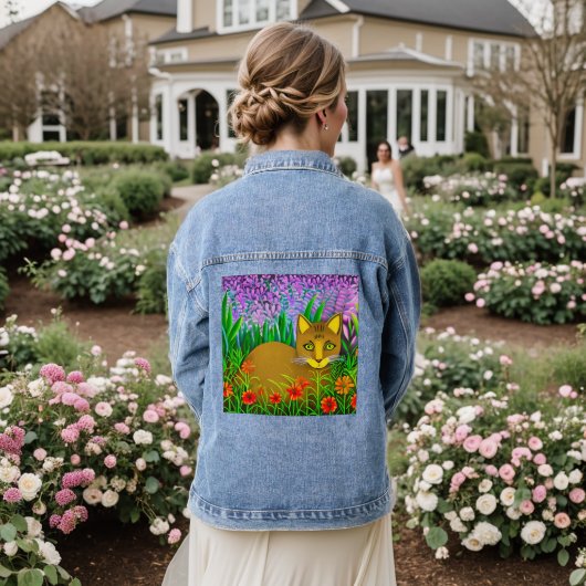 Grüne Mit Augen Katze im Blumengarten Jeansjacke (Hochzeit Rückseite)