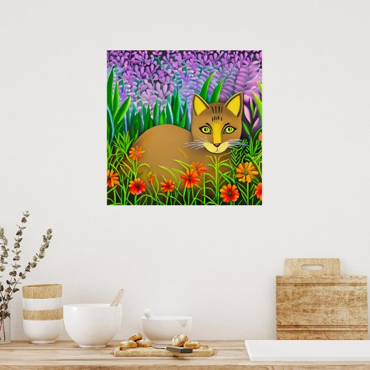 Grüne Mit Augen Katze im Blumengarten Poster (Küche)