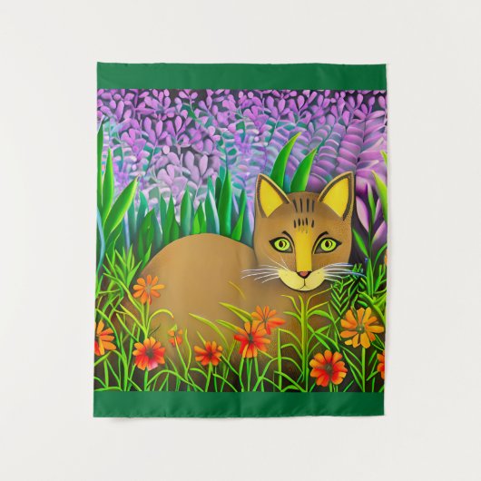 Grüne Mit Augen Katze im Blumengarten Wandteppich (Vorderseite)