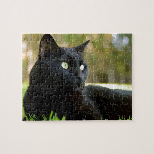 Grüne mit Augen schwarze Katze, die das Freien Puzzle (Horizontal)