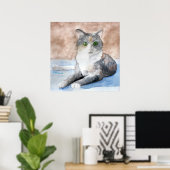 Grüne Mit Augen Tortoiseshell Graue Katze Wasserfa Poster (Heimbüro)