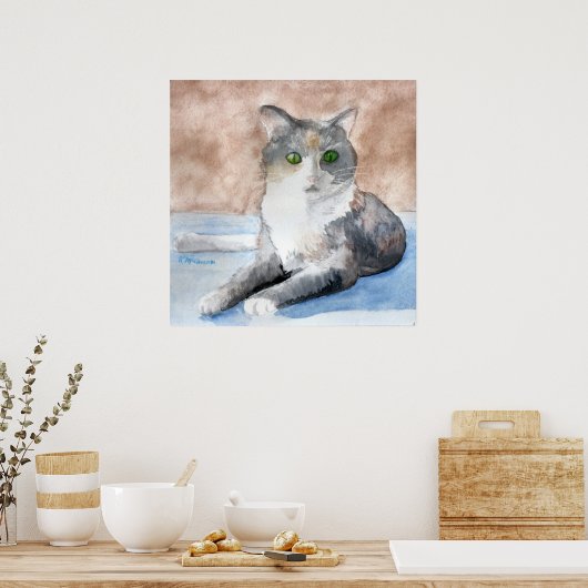 Grüne Mit Augen Tortoiseshell Graue Katze Wasserfa Poster (Küche)