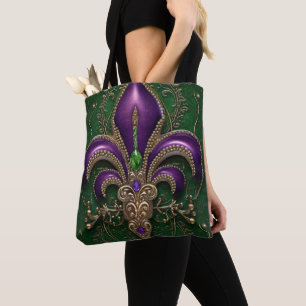 GRÜNE MIT LILA MARDI GRAS FLEUR DI LIS TASCHE