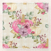 GRÜNE MIT PINK & GOLD AUTUMN PUMPKINS & BLUME GLASUNTERSETZER (Vorderseite)