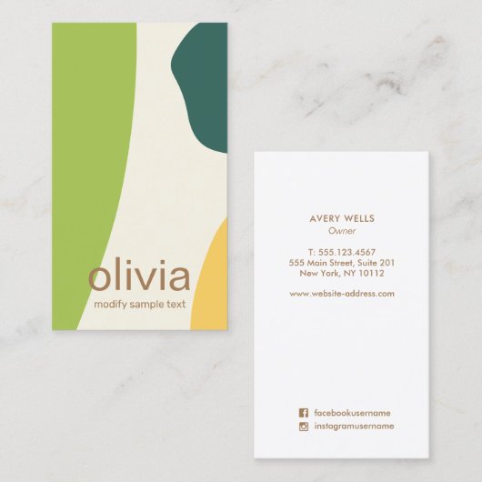 Grüne, moderne Abstrakte Malformen Visitenkarte (Vorne/Hinten)