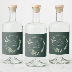 Grüne, moderne botanische Hochzeit Alkoholflaschenetikett