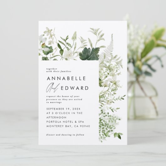 Grüne, moderne botanische Hochzeit Einladung (Stehend Vorderseite)