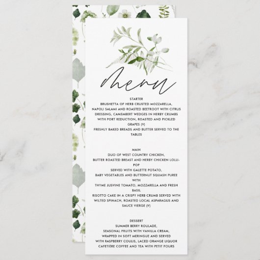 Grüne, moderne botanische Hochzeit Menükarte (Vorne/Hinten)