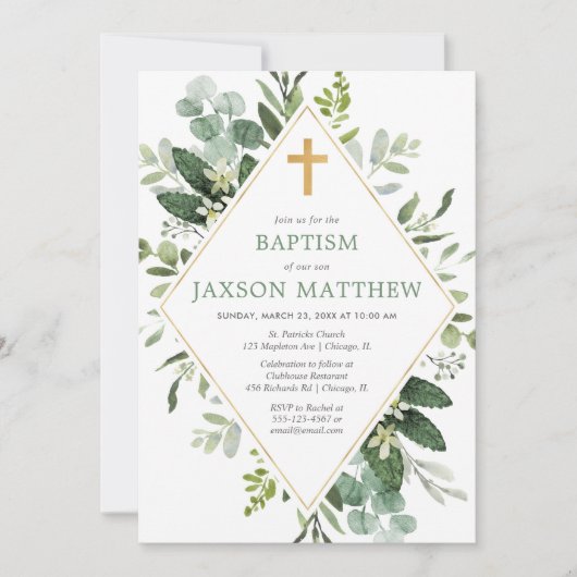 Grüne moderne Eukalyptus-grüne Goldtaufe Einladung (Vorderseite)