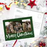 Grüne moderne Schrift Fünf Foto frohe Weihnachten<br><div class="desc">Die Green Modern Lettering Five Foto Merry Christmas Holiday Postcard verfügt über vier Fotos auf der Vorderseite und Platz für Ihre längere Nachricht auf der Rückseite.</div>