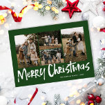 Grüne moderne Schrift Vier Foto Frohe Weihnachten<br><div class="desc">Die Green Modern Lettering Four Foto Merry Christmas Holiday Card zeichnet sich durch vier Fotos vorne und ein festliches Urlaubsmuster auf der Rückseite aus.</div>