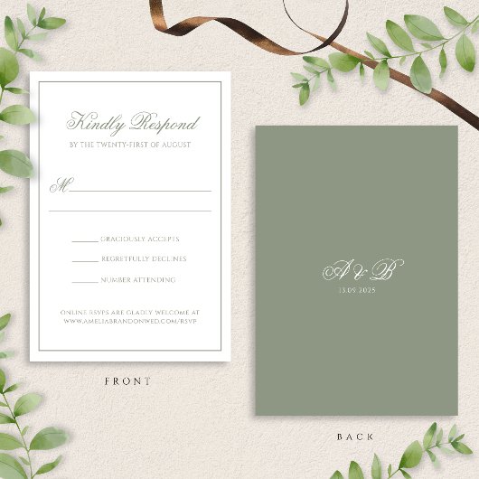 Grüne Monografie-Script-Border-Hochzeit RSVP Karte
