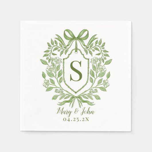 Grüne Monogram Wedding Cocktail Napkins mit Bow Serviette (Vorderseite)